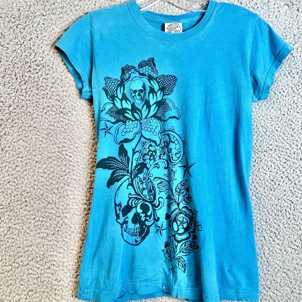 Y2K Hybrid Tees V-Neck Skull Grunge Affliction Style Women's T-Shirt Size Large